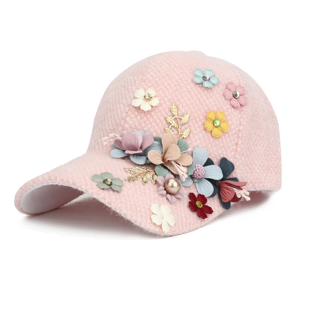 Casquette De Baseball Hiver Femme Mélange Poils De Lapin Fleurs En Tissu 3D Fait Main Strass Künstliche Perle Mode Chapeau Chaud