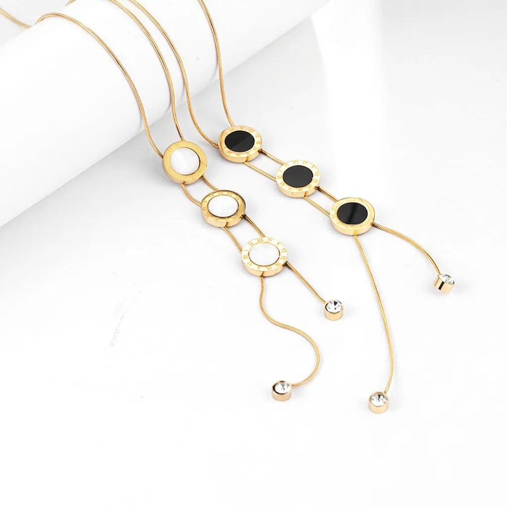 Geometric Pendant Necklace Stainless Steel Roman Numeral Round Rings Double Tassel Cubic Zirconia Y-Shaped Clavicle Chain