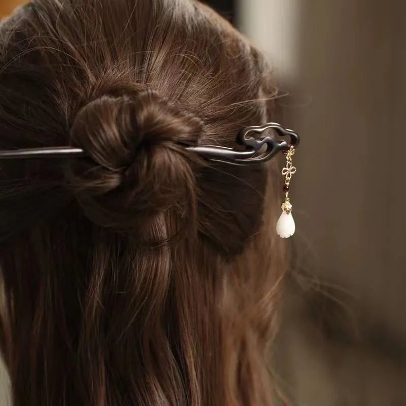 Wood Hair Stick Alloy Tassel Flower Vintage Chinese Style Hairpin For Hanfu Everyday Updo Hair Accessories Handmade