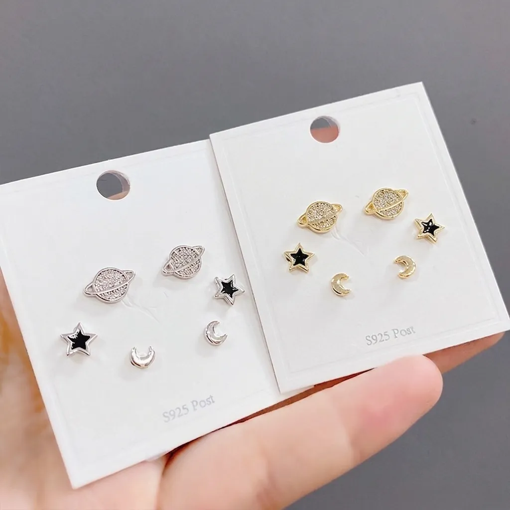 Pendientes De Botón Planeta Estrella Luna Con Poste De Plata De Ley 925 Aleación Circonita Joyería Celestial Para Mujeres