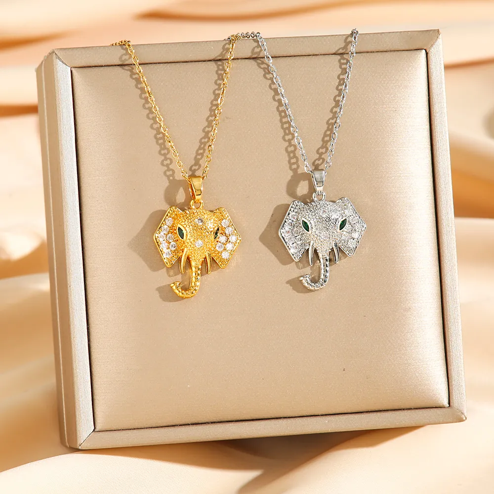 Collier Pendentif Tête Éléphant Acier Inoxydable Micro Pavé Zircon Blanc Zircon Vert Œil Bijoux Mode Hip Hop Pour Femmes