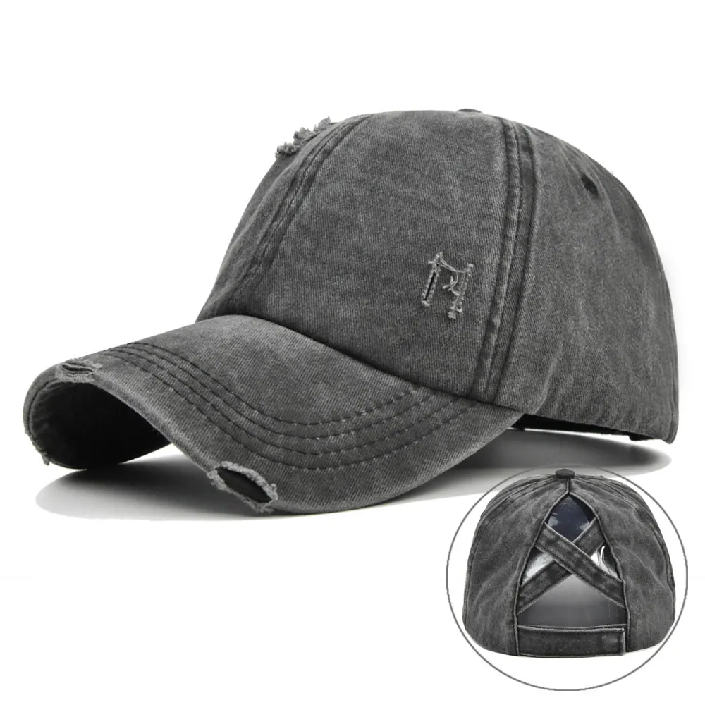 Washed Cotton Distressed Baseball Cap For Women High Ponytail Messy Bun Criss Cross Adjustable Sun Visor