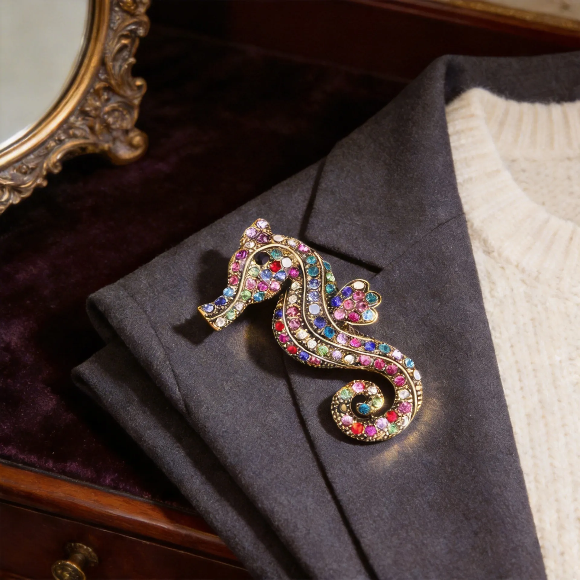 Vintage Seahorse Brooch Colorful Rhinestone Alloy Animal Lapel Pin For Women Men Suit Sweater Coat Accessory Elegant Jewelry