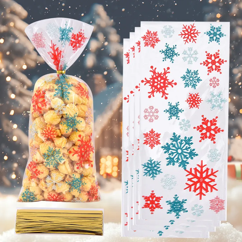 Sachets En Cellophane De Noël Imprimé Flocon De Neige Plastique Transparent OPP Pour Bonbons Biscuits Cadeau Avec Liens Dorés