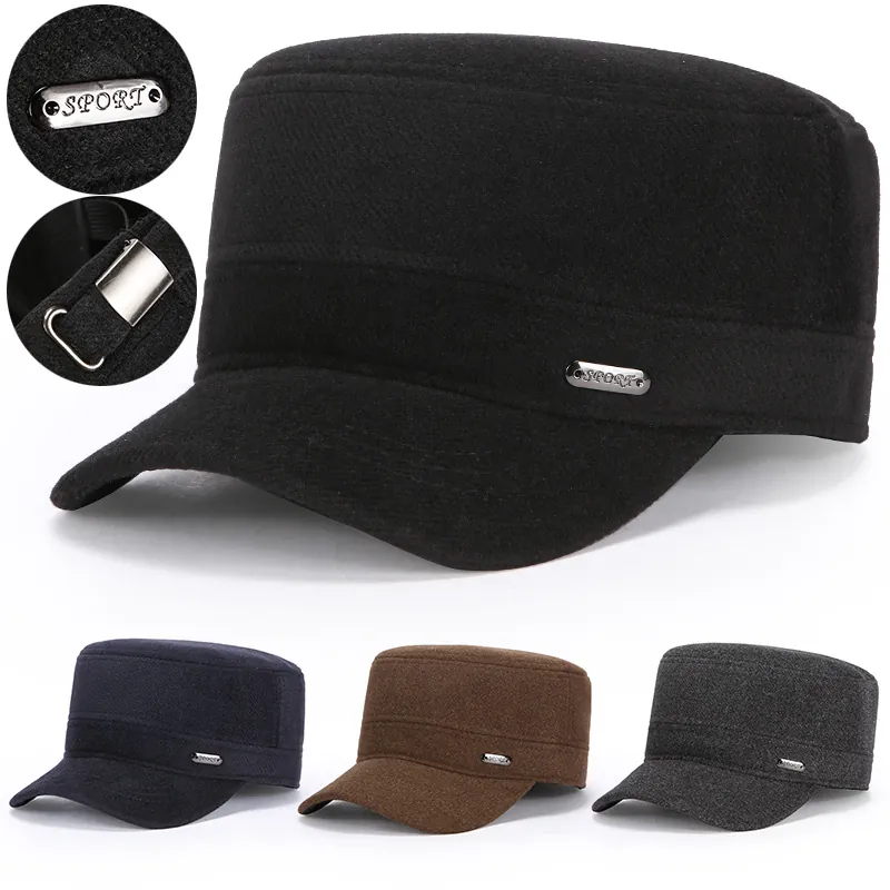 Cadet Cap For Men Wool Blend Flat Top Hat Warm Winter Windproof Adjustable Classic Army Style Outdoor Casual