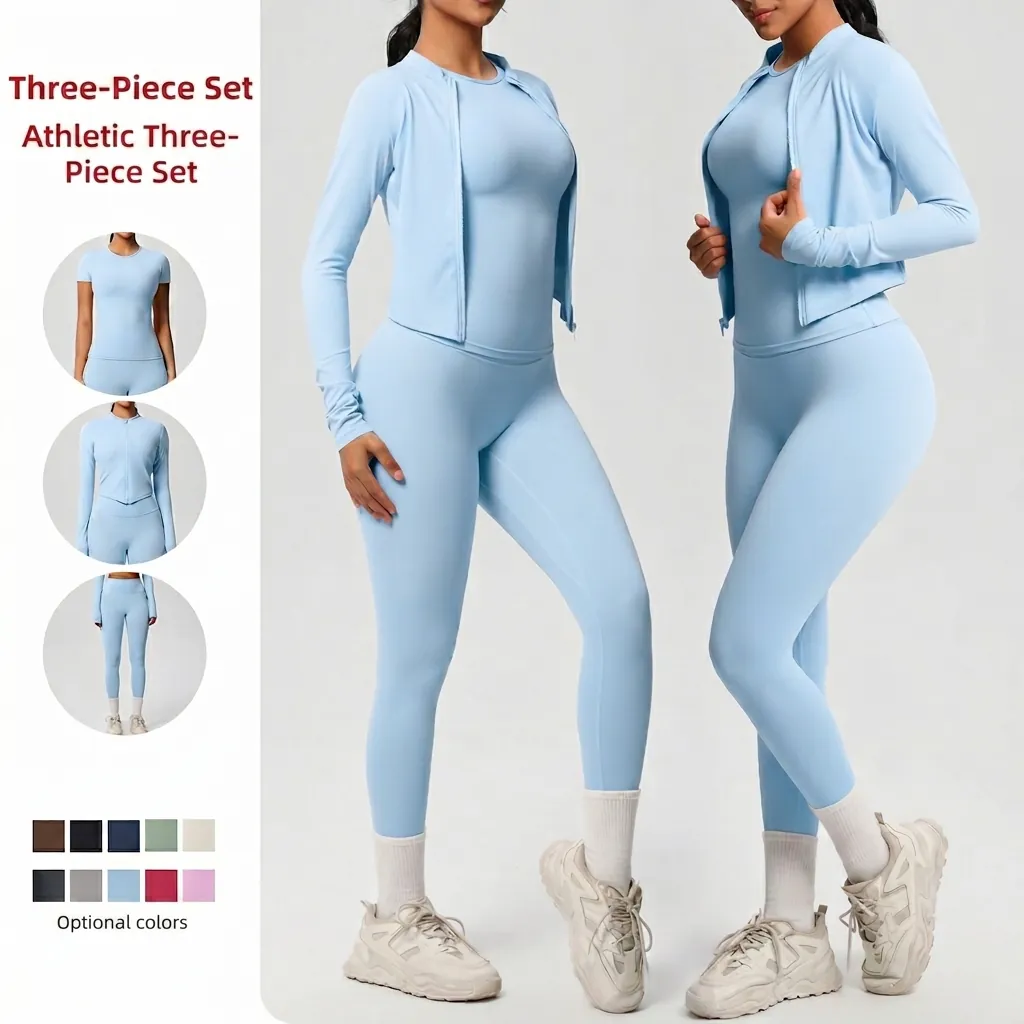Women Gym Workout Yoga 3 Pieces Set High Elastic Quick Dry Nylon Jacket Top And Bottom Leggings Sports Wear