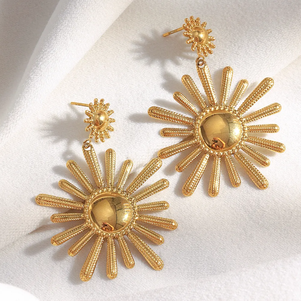 Sunflower Dangle Earrings 18K Gold Plated Stainless Steel Vintage Sun Shape Textured Jewelry For Women Ins Fashion