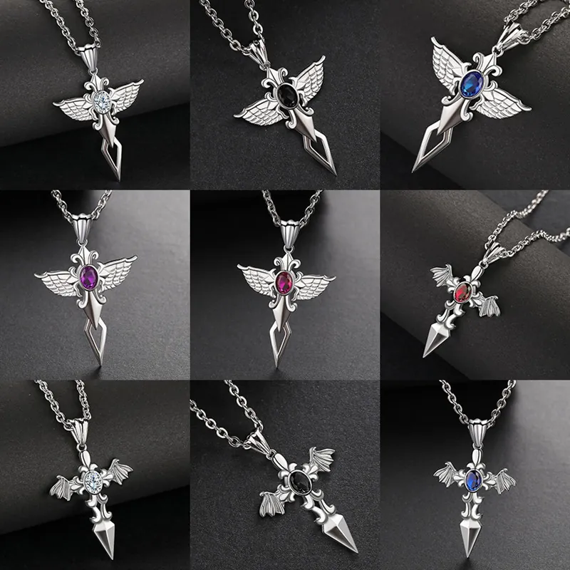 Stainless Steel Cross Pendant Necklace For Men Hip Hop Angel Wings Sword Alloy Rhinestone Gothic Vintage Jewelry