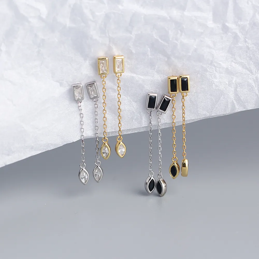 925 Sterling Silver Geometric Long Chain Tassel Earrings Rectangular Marquise Zircon Dangle Jewelry For Women