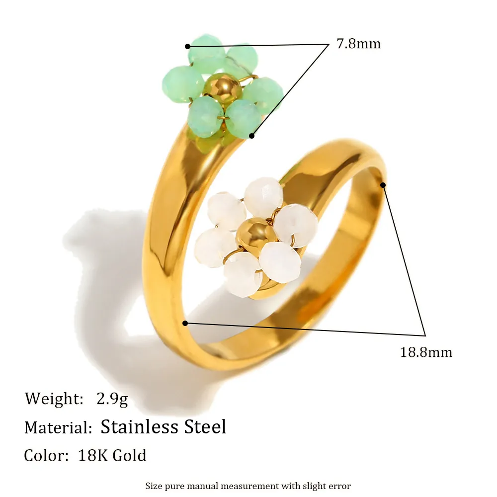 Handmade Flower Open Ring Stainless Steel 18K Gold Plated Adjustable Beaded Floral Jewelry Gift For Women Chic