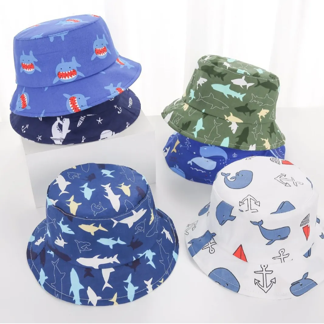 Kids Bucket Hat Cotton Cartoon Shark Whale Pattern Sun Protection Summer Outdoor Breathable For Toddler Baby