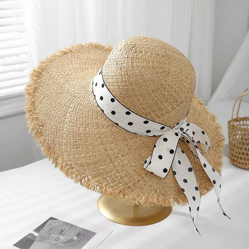 Wide Brim Straw Bucket Hat For Women Raffia Paper Sun Protection Beach Holiday Style Polka Dot Ribbon Bow Fringed Edge