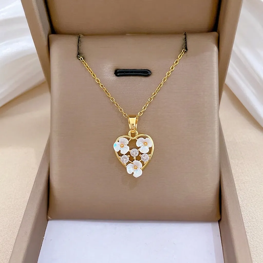 Heart Pendant Necklace Stainless Steel Chain Copper Mother Of Artificial Pearl Flower Cubic Zirconia Elegant Luxury Jewelry For Women