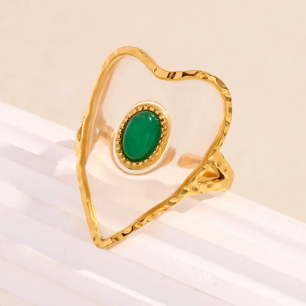 Heart Open Ring Stainless Steel 18K Gold Plated Green Acrylic Emerald Stone Adjustable Fashion Jewelry For Women