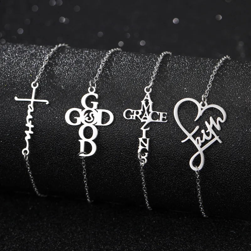 Stainless Steel Cross Heart Bracelet Faith Amazing Grace God Is Good Letter Pendant Polished Chain Unisex Jewelry