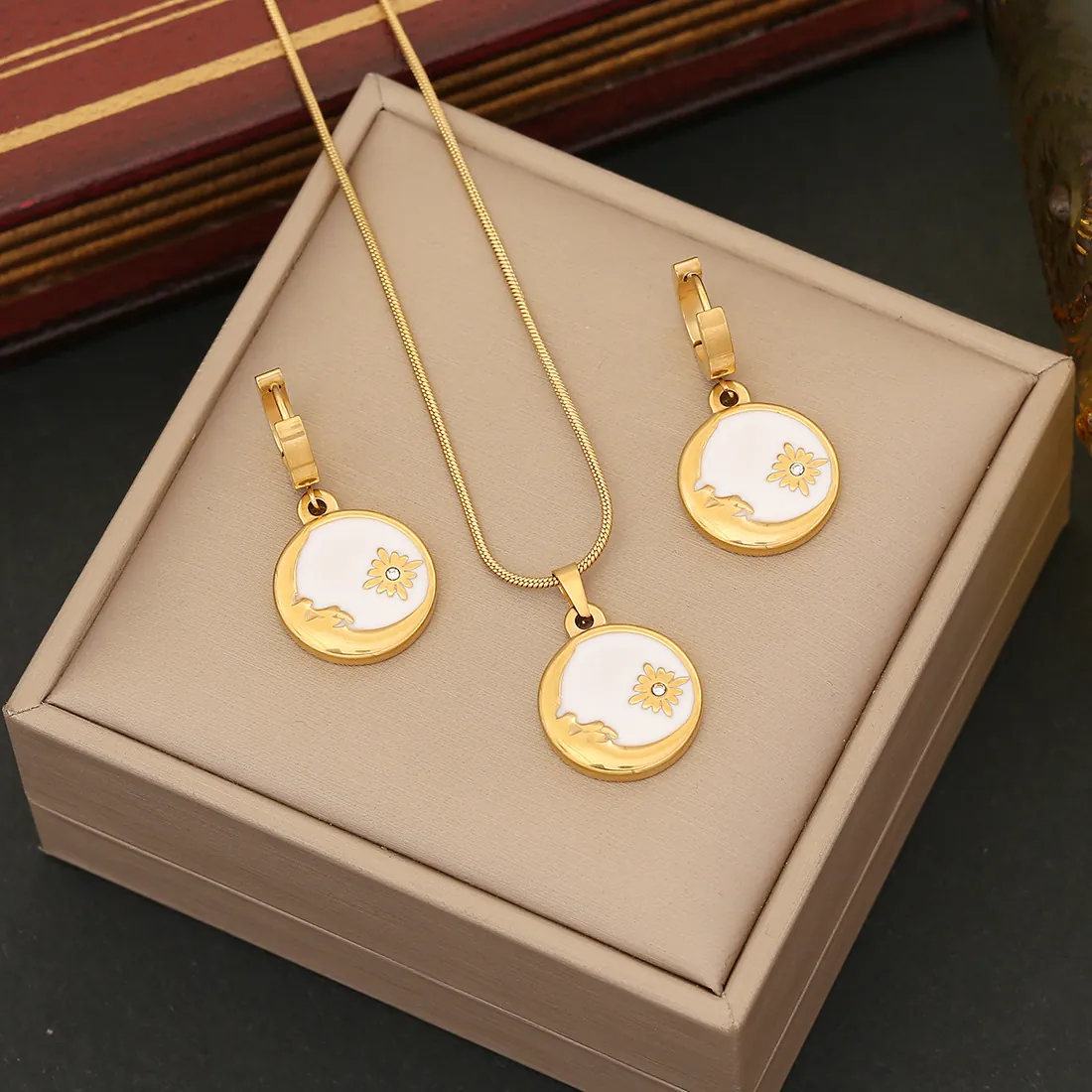 Collana E Orecchini Pendente Rotondo Stella Luna Fiore Acciaio Inossidabile Smalto Strass Catena Serpente Per Donne