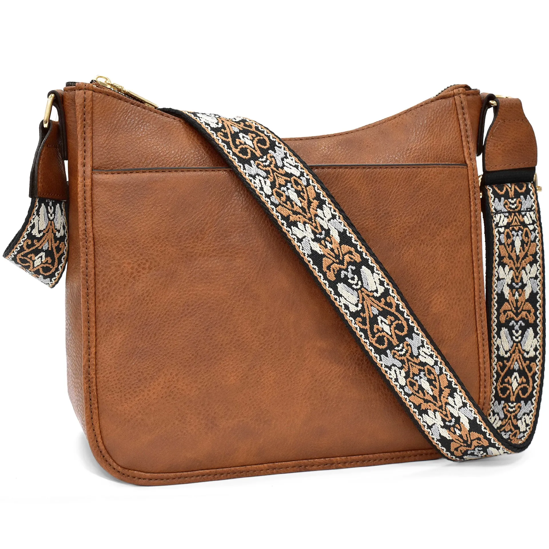 Women Vintage PU Leather Crossbody Bag Large Capacity Messenger Bag With Wide Jacquard Shoulder Strap Casual Daily Travel Bag