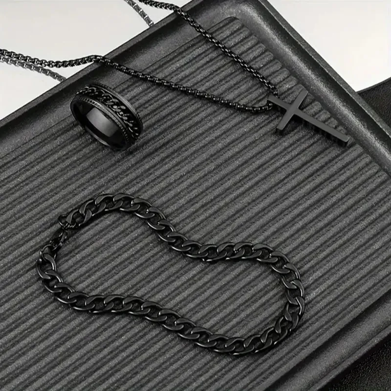 Collier avec Pendentif Croix en Acier Inoxydable Bracelet Et Bague Bijoux pour Homme Femme Accessoires avec Motif Chiffres Romains