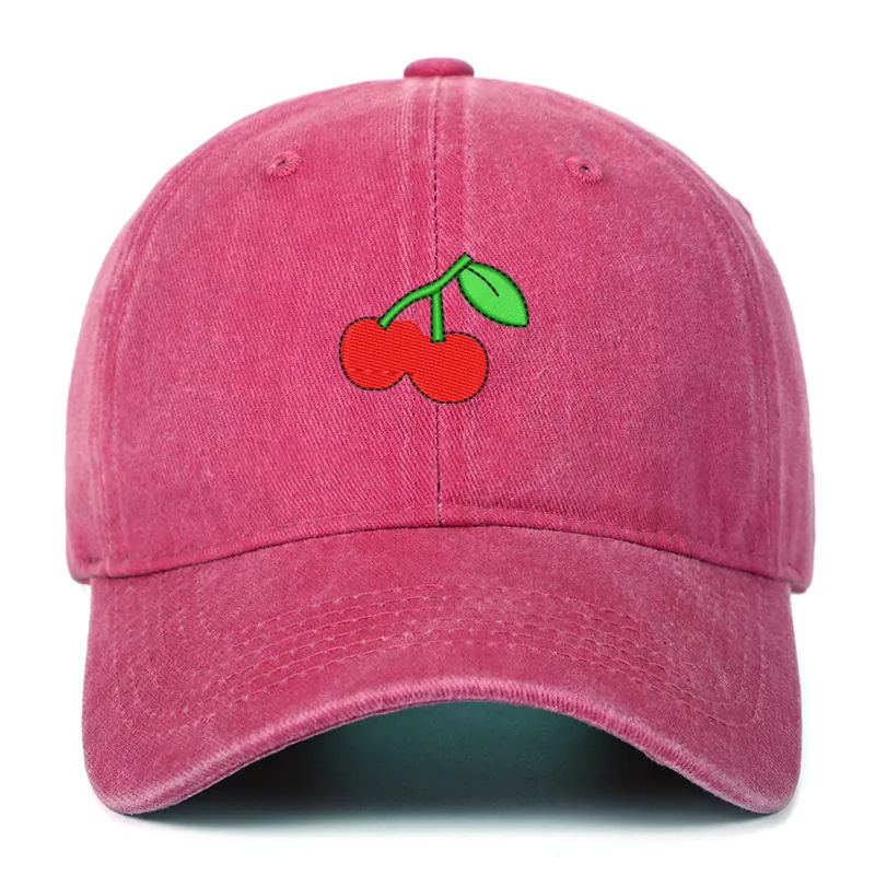 Cherry Embroidery Baseball Cap Washed Cotton Distressed Retro Adjustable Outdoor Sun Hat For Women