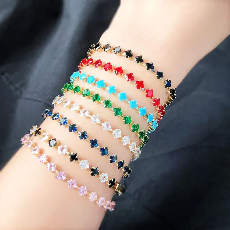 18K Gold Plated Copper Tennis Bracelet With Square Cut Colorful Zircon CZ Sparkly Hip Hop Fashion Jewelry For Women