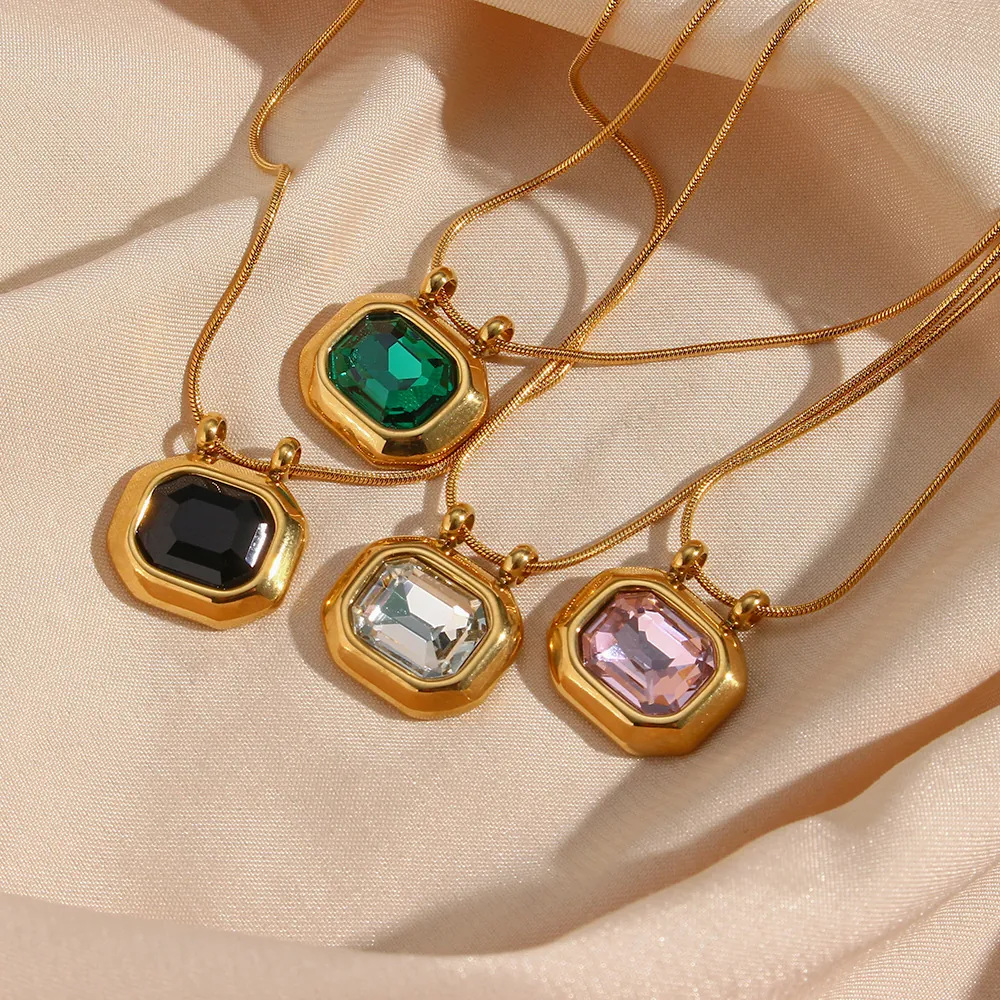 Pendant Necklace Vintage Square Zircon 18K Gold Plated Stainless Steel Snake Chain Elegant Jewelry For Women
