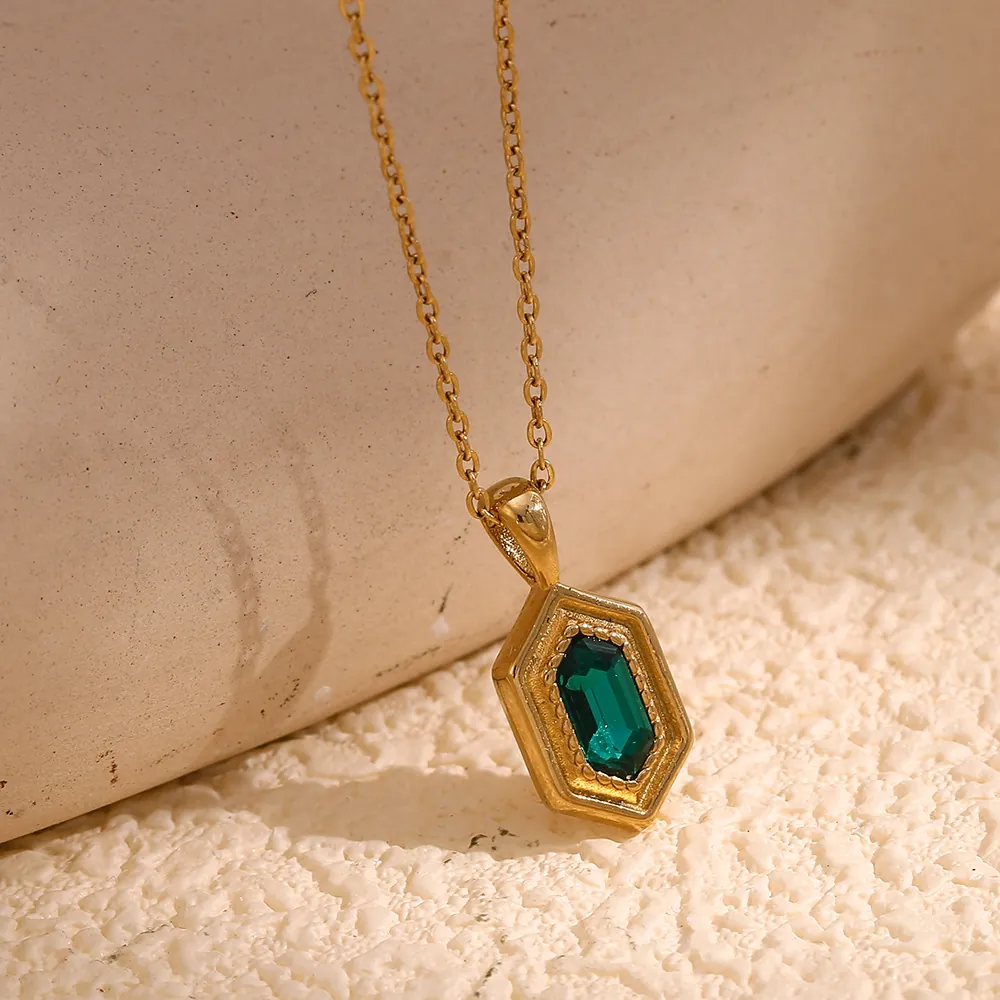 Hexagon Pendant Necklace 18K Gold Plated Stainless Steel Green Rectangle Gemstone Geometric Jewelry For Women