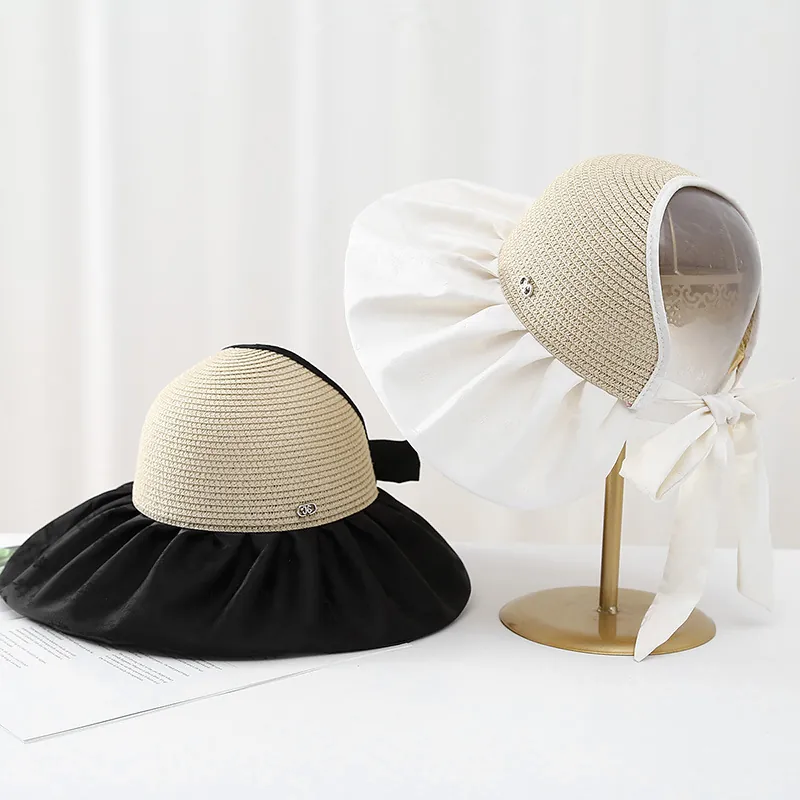 Women Sun Visor Hat Straw Fabric Patchwork Large Brim UV Protection Back Bow Breathable Summer Beach French Style Chic