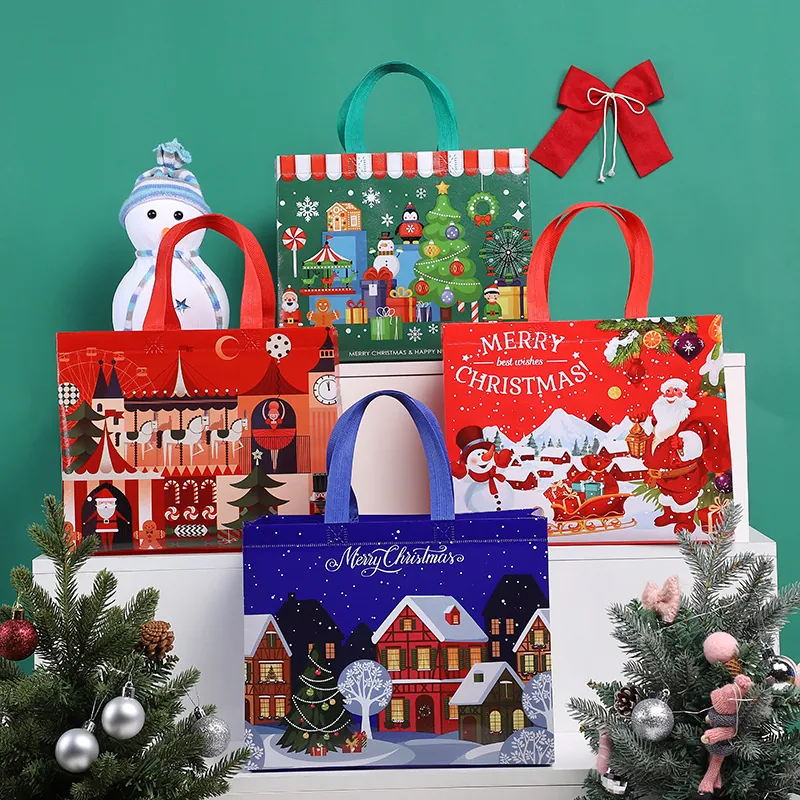 Christmas Gift Bags Laminated Non-Woven PP Fabric Tote With Handles Waterproof For Holiday Party Cartoon Santa Snowman