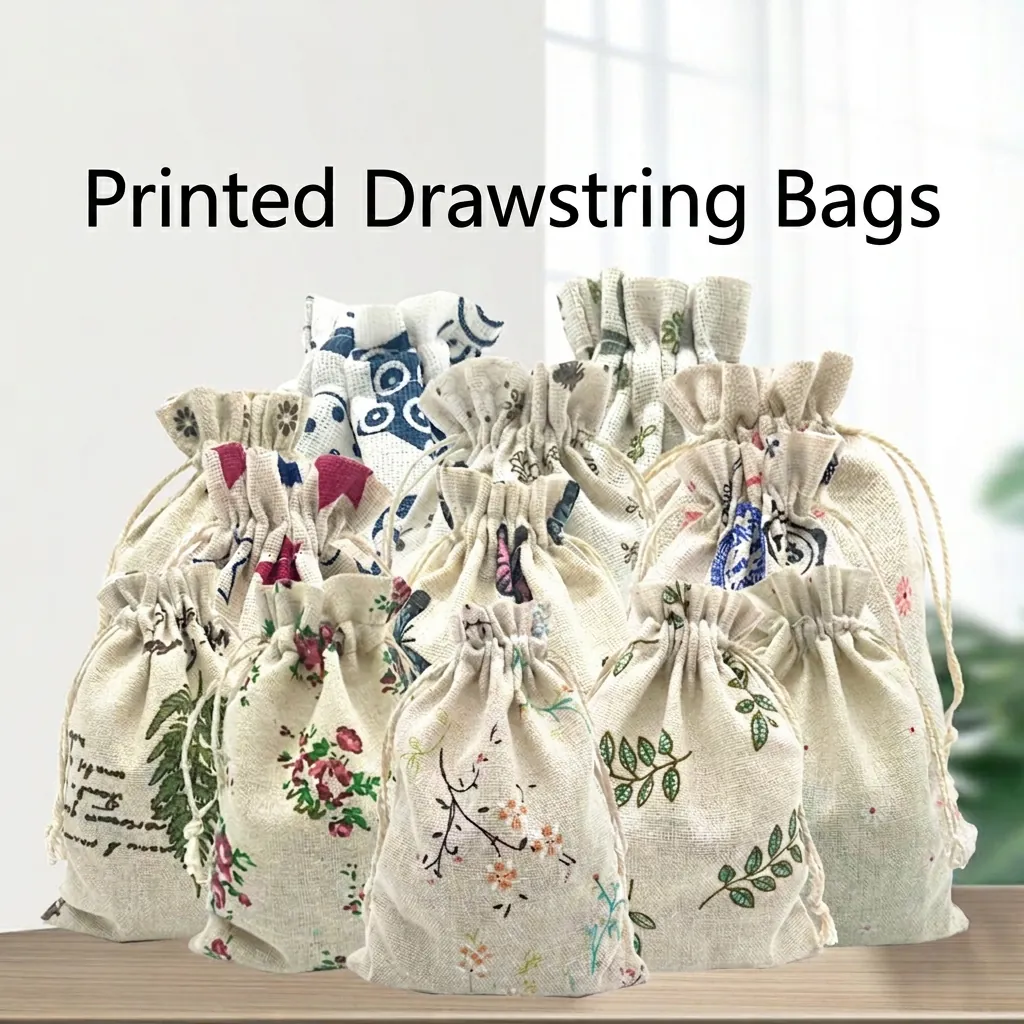 Printed Cotton Linen Drawstring Bags Floral Animal Pouch For Gift Packaging Jewelry Storage Sachet Holder Pastoral Style