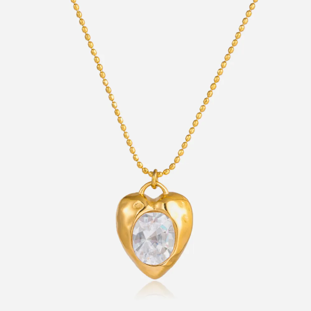 Collier Pendentif Cœur en Acier Inoxydable pour Femme Luxe Strass Incrusté Chaîne à Billes Or Bijoux de Mode