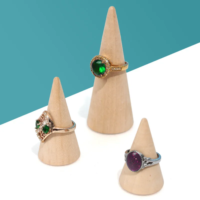 Wooden Ring Display Stand Solid Wood Cone Shaped Conical Jewelry Organizer For Countertop Showcase Natural