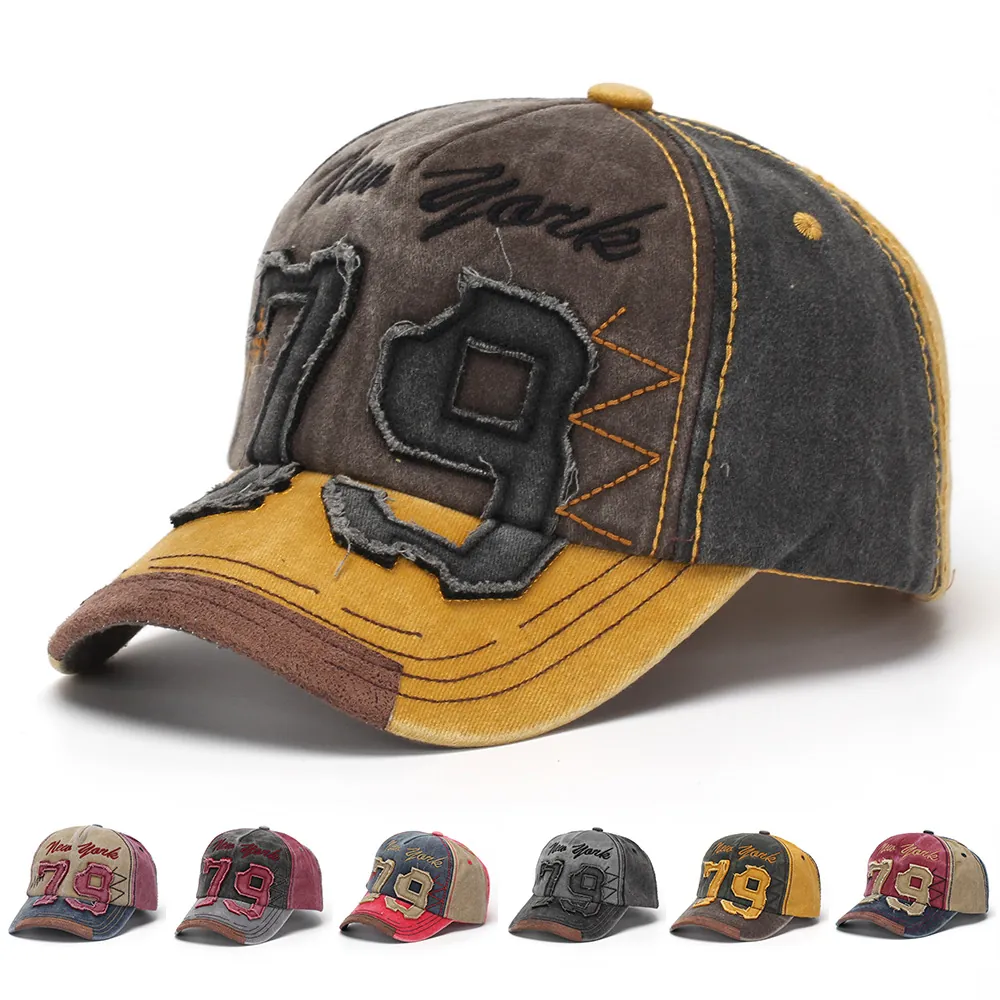 Gewaschene Baumwolle Baseballkappe Vintage Distressed Style New York Buchstabenstickerei Nummer Design Verstellbarer Sonnenhut