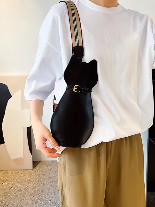 Cat Shaped Crossbody Bag Glossy PU Patent Leather Mirror Finish Animal Silhouette Casual Shoulder Handbag For Women