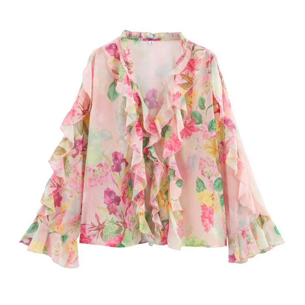 Women French Style Floral Chiffon Blouse Pink Long Sleeve V Neck Ruffle Top Casual Sweet Flared Sleeve Shirt For Daily Dating