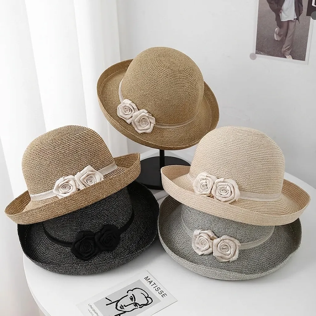Chapeau De Soleil En Paille Femmes Large Bord Papier Respirant Style Français Décor Double Fleur Élégant Plage Voyage Cloche