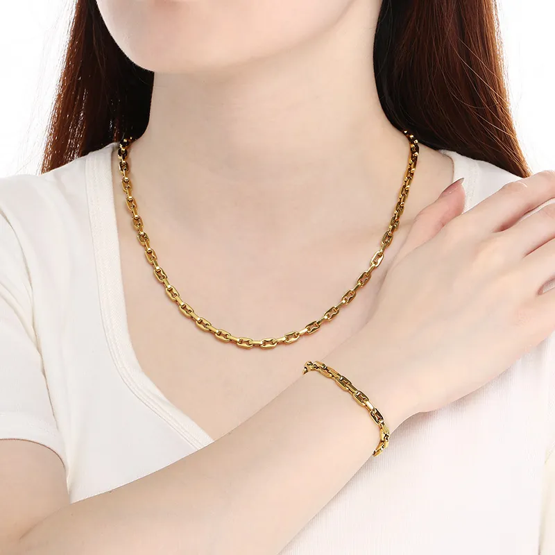 Collier Et Bracelet En Acier Inoxydable Avec Boucle En H Chaîne De Porc Bijoux Hip Hop Streetwear Pour Hommes Femmes