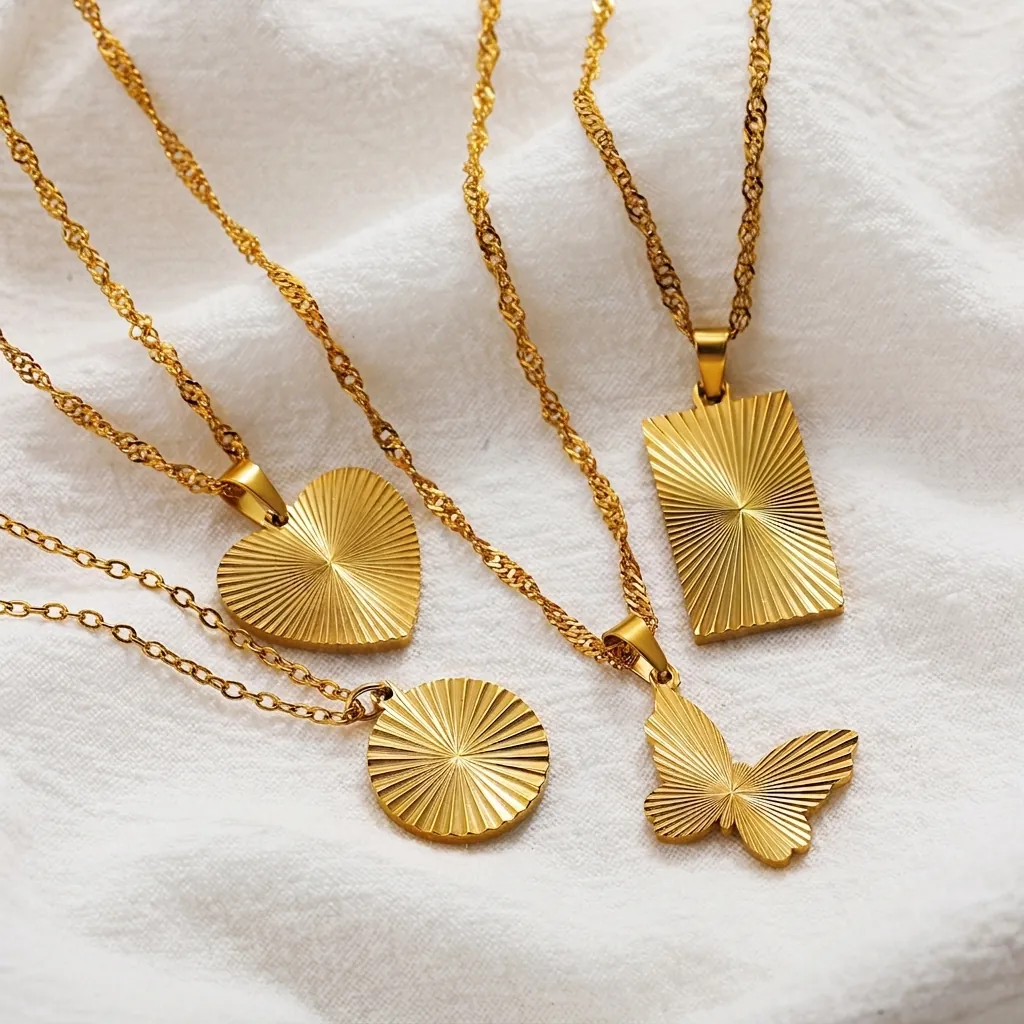 18K Gold Plated Stainless Steel Sunburst Pattern Pendant Necklace For Women Butterfly Heart Square Round Geometric Jewelry