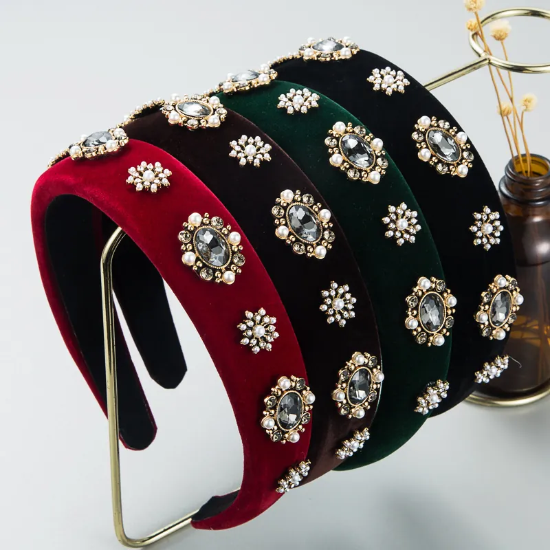 Baroque Padded Headband Velvet Artificial Pearl Rhinestone Vintage Wide High End Hairband Accessories For Women