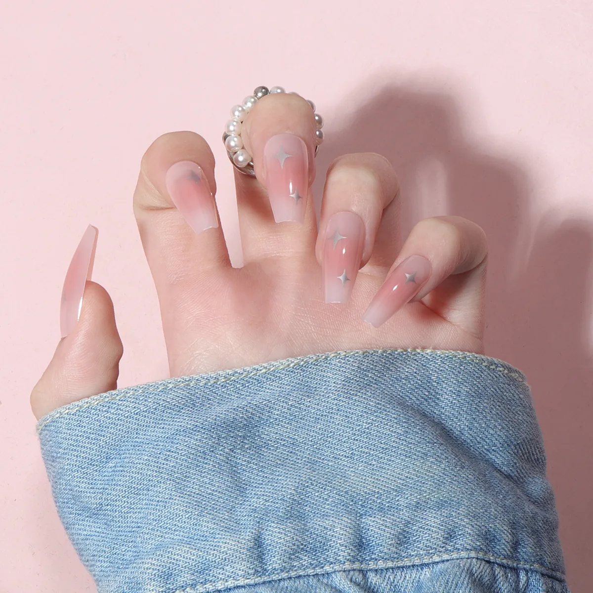 Press On Nails Pink Ombre Silver Star Pattern Coffin Shape Glossy Long Ballerina Artificial False Nails For Women