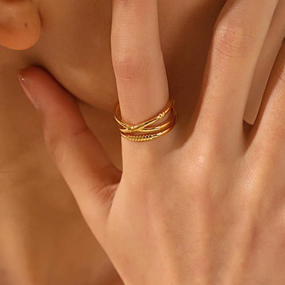 Bague Multicouche Croisée Acier Inoxydable Plaqué Or 18K Anneau Ouvert Réglable Lignes Multiples Bijoux Mode Pour Femmes