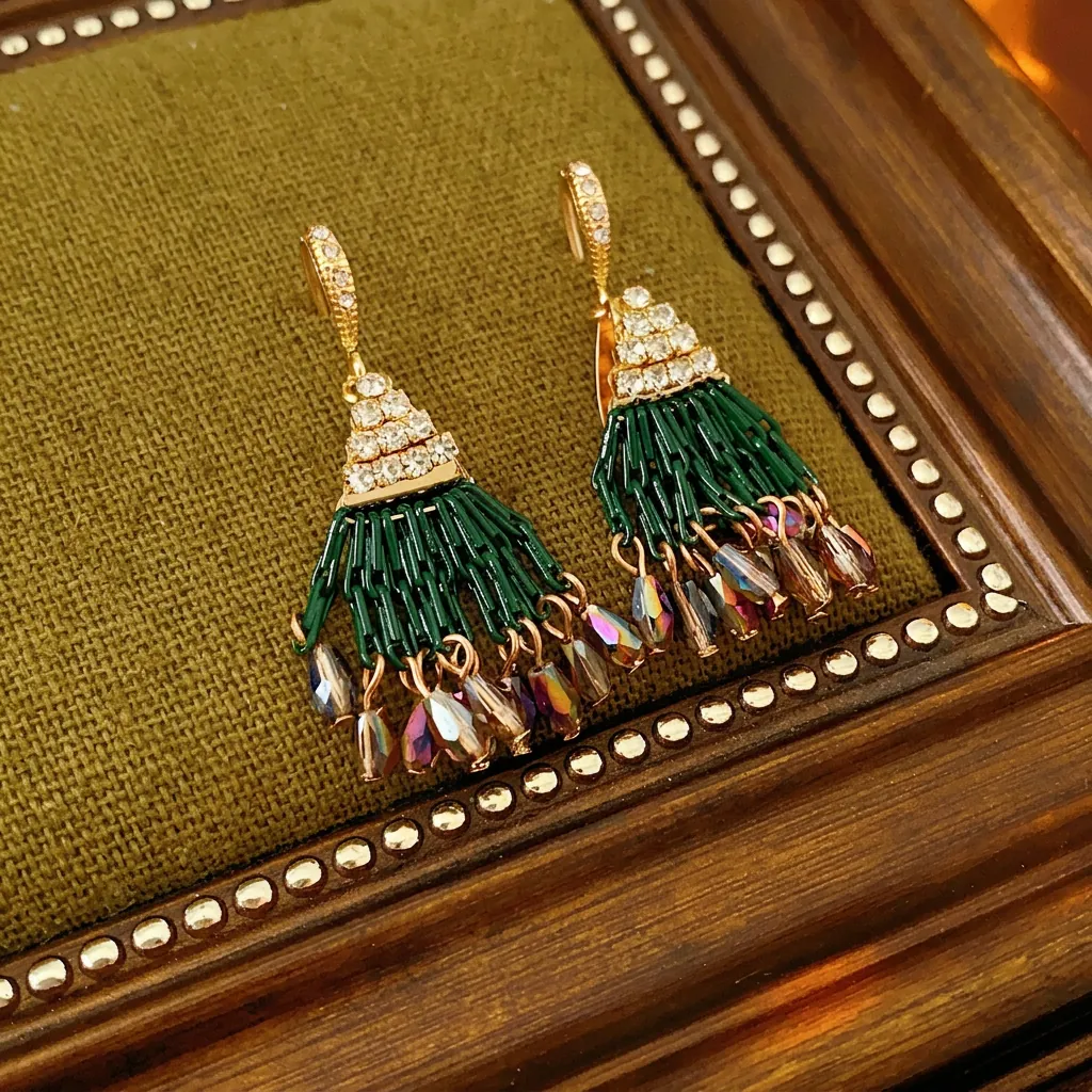 Orecchini Lunghi Con Nappine Vintage Perle Verdi Cristallo Iridescente Lega Strass Perno In Argento Per Donna