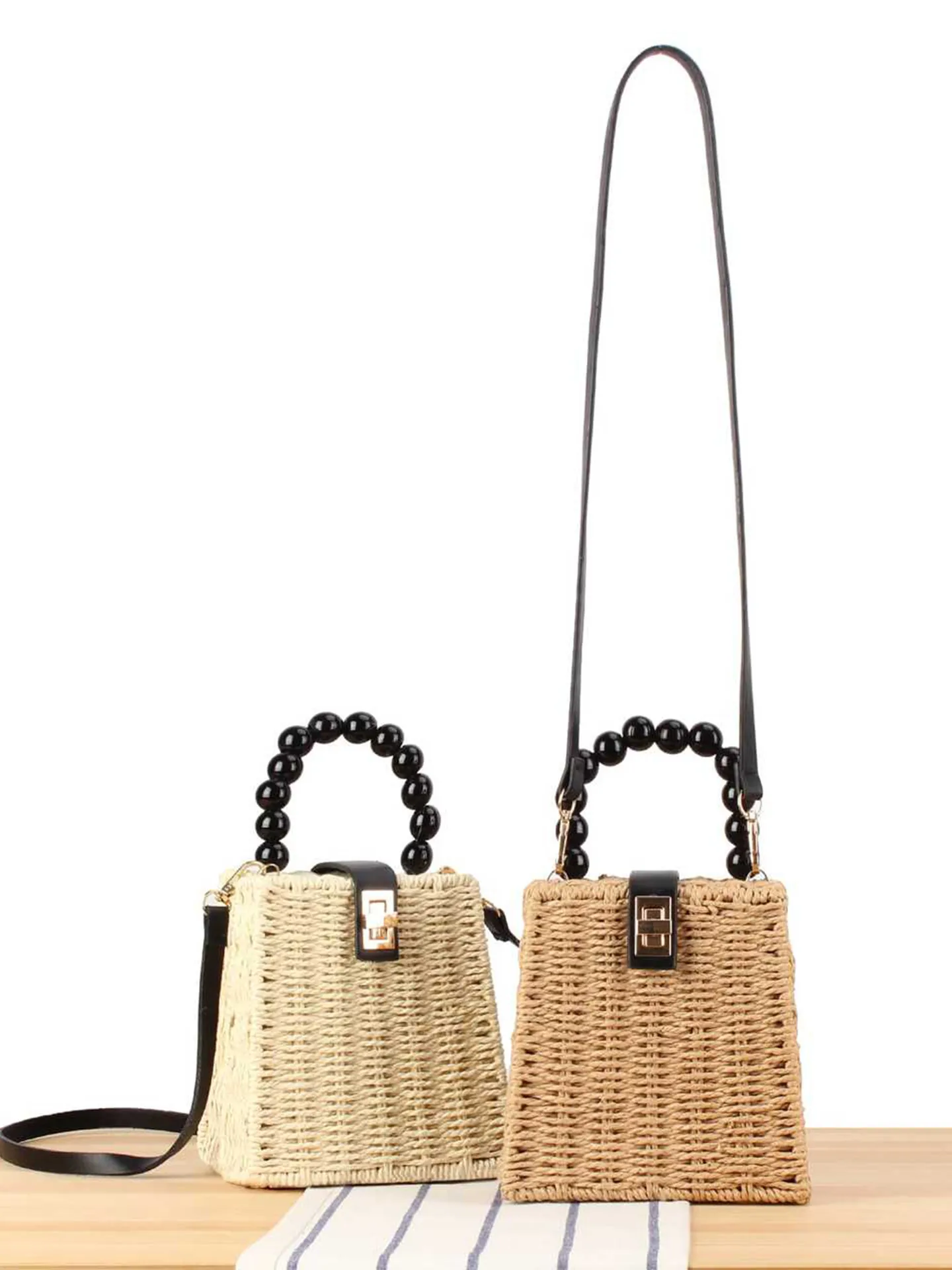 Sac à Épaule Tissé en Corde de Papier pour Femme Avec Poignée en Perles Noires Serrure Métallique Été Plage Sac à Main en Paille