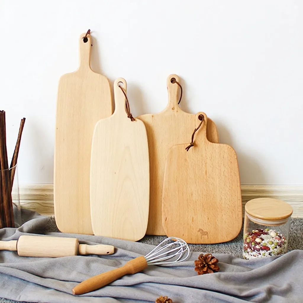 Beech Wood Cutting Board Serving Tray For Bread Pizza Sushi Japanese Style Solid Wood With Leather Strap Handle