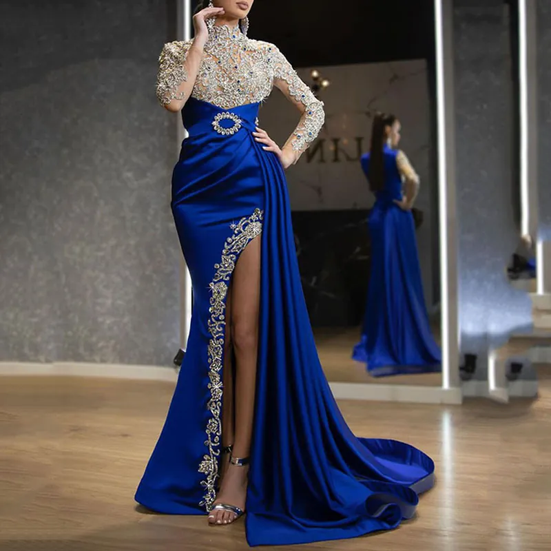Royal Blue Evening Gown Satin Mesh Patchwork Sequin Embroidery High Slit Long Sleeve Elegant Formal Party Dress For Women