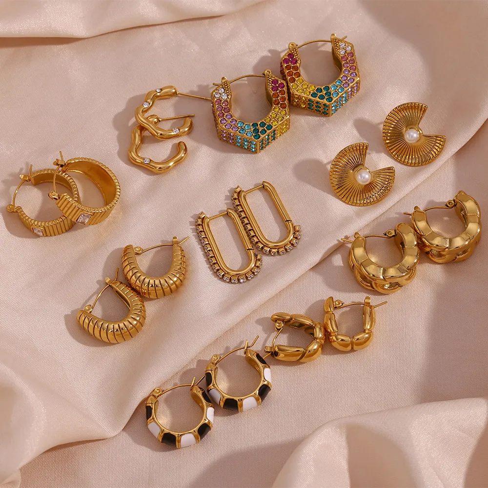 Vintage 18K Gold Plated 316L Stainless Steel Hoop Earrings For Women Retro Geometric U Shaped Zircon Artificial Pearl Enamel Accessory