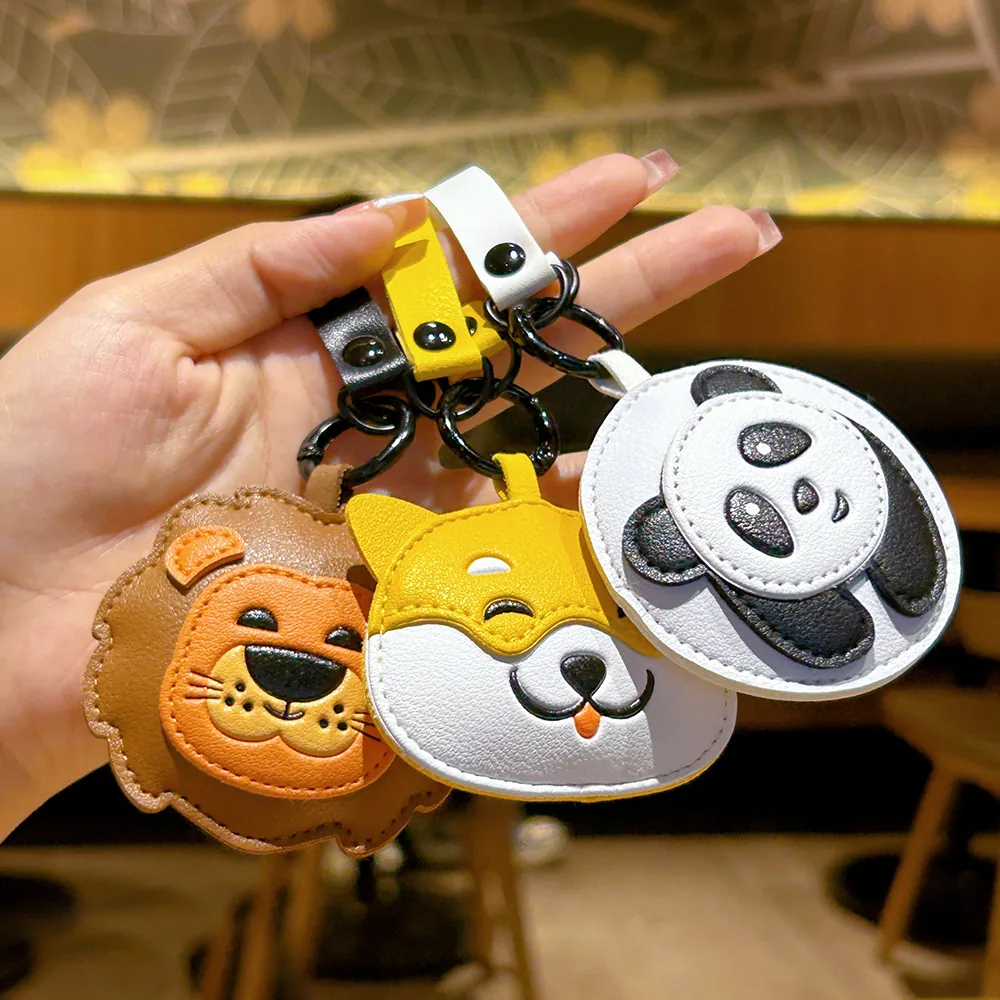 Cartoon Animal Keychain PU Leather Bag Charm Cute Lion Panda Shiba Inu Hanging Ornament For Women Girls Key Ring