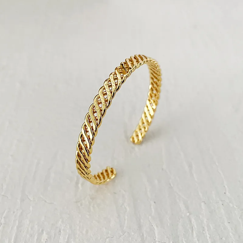 Open Cuff Bangle Bracelet 18K Gold Plated Brass Woven Knot Artificial Pearl Design Minimalist Jewelry For Women