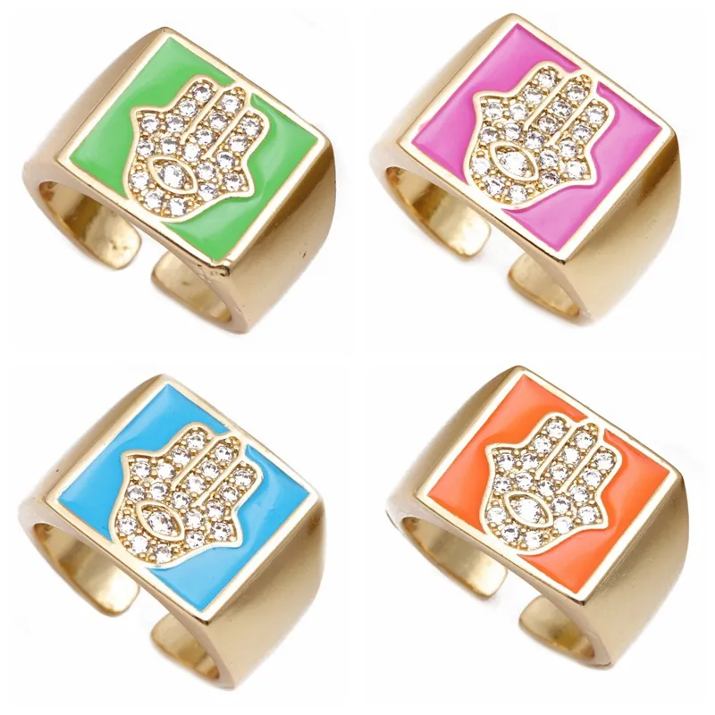 Bague Ouverte Hamsa Main De Fatima Laiton Plaqué Or Émail Zircon Mauvais Œil Bague Réglable Pour Femmes Bijoux Ethniques