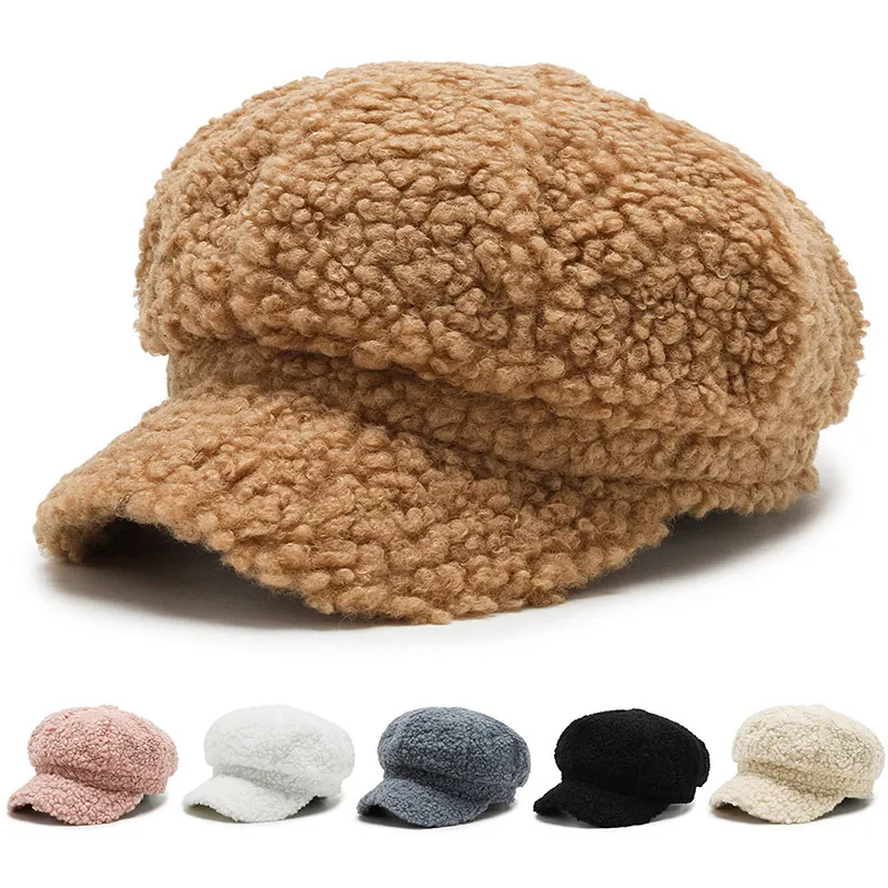 Casquette Gavroche Femme Laine D'agneau Hiver Chaud Chapeau Octogonal Couleur Unie Visière Cuir PU Mode Rétro