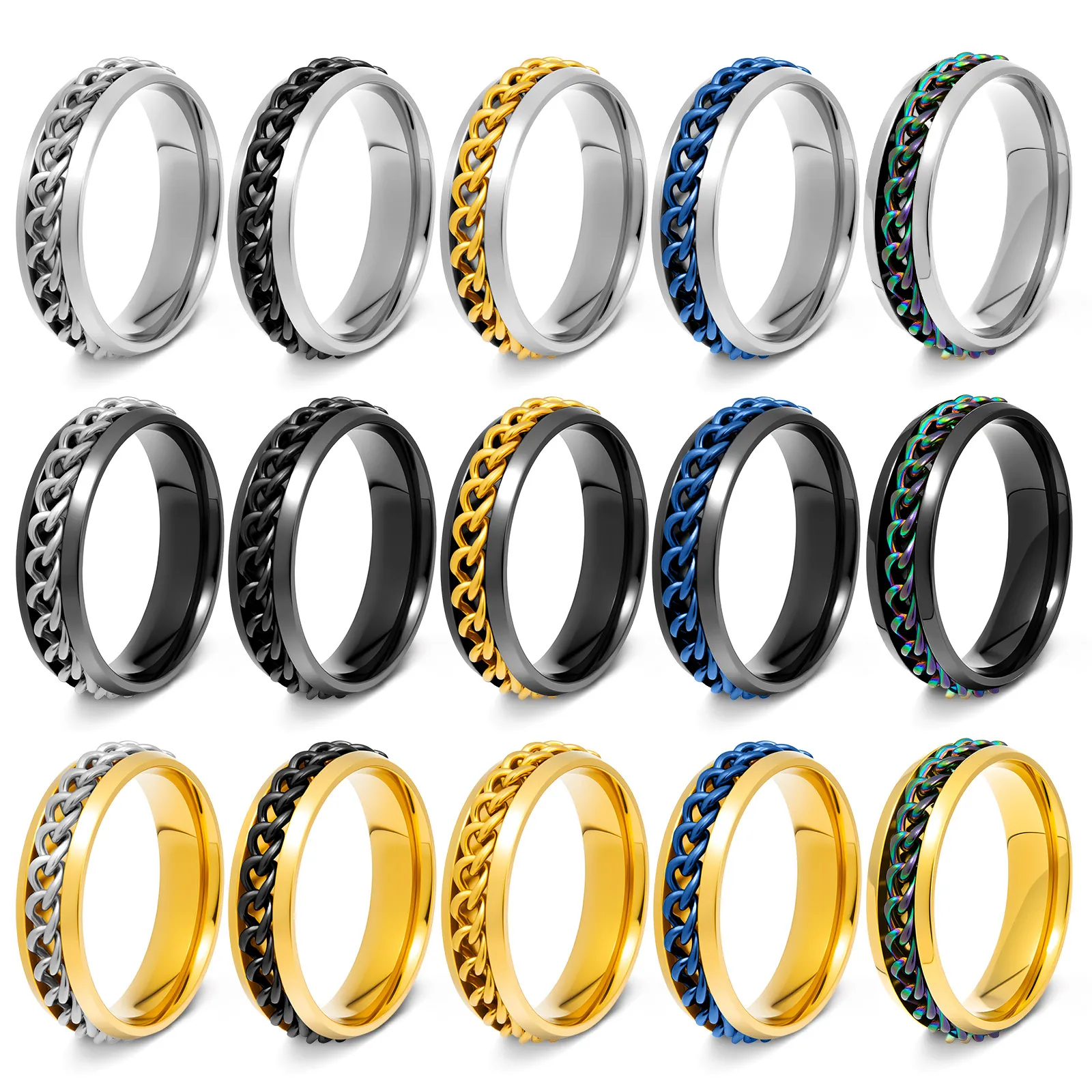 Stainless Steel Spinner Ring Rotating Chain Band Anxiety Relief Punk Industrial Fashion Jewelry For Men Women Unisex